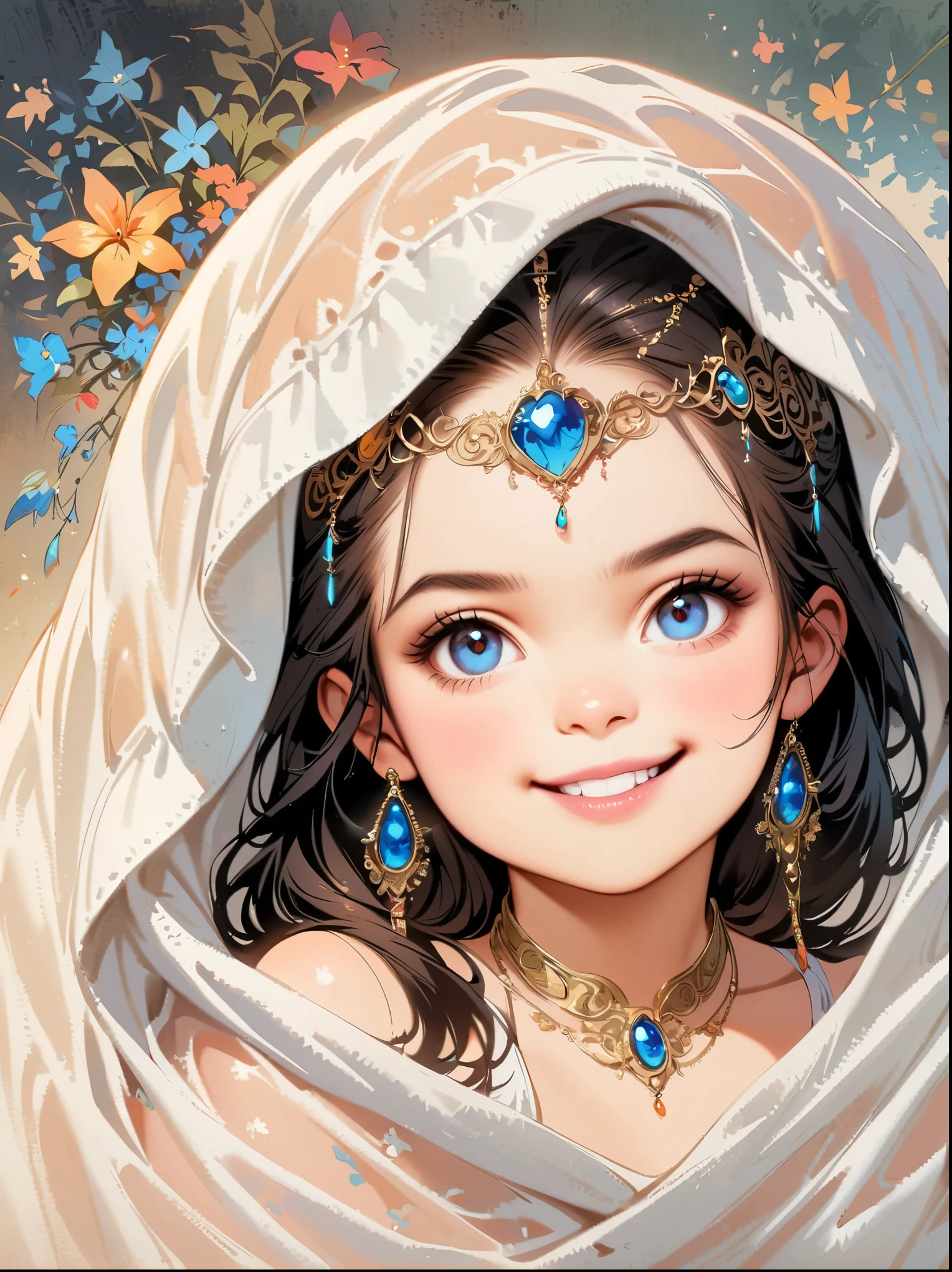 ,long hair,black hair,(Emma Watson:0.8),(hide in blanket,curtain:1.4),stare,looking at viewer,(upper body,face focus,close up),realistic artist,(head chains,(jewelry:1.3):1.1),necklace,halter,(translucent:1.2), (see through:1.2),(intricate details:1.5),((silly,smug))