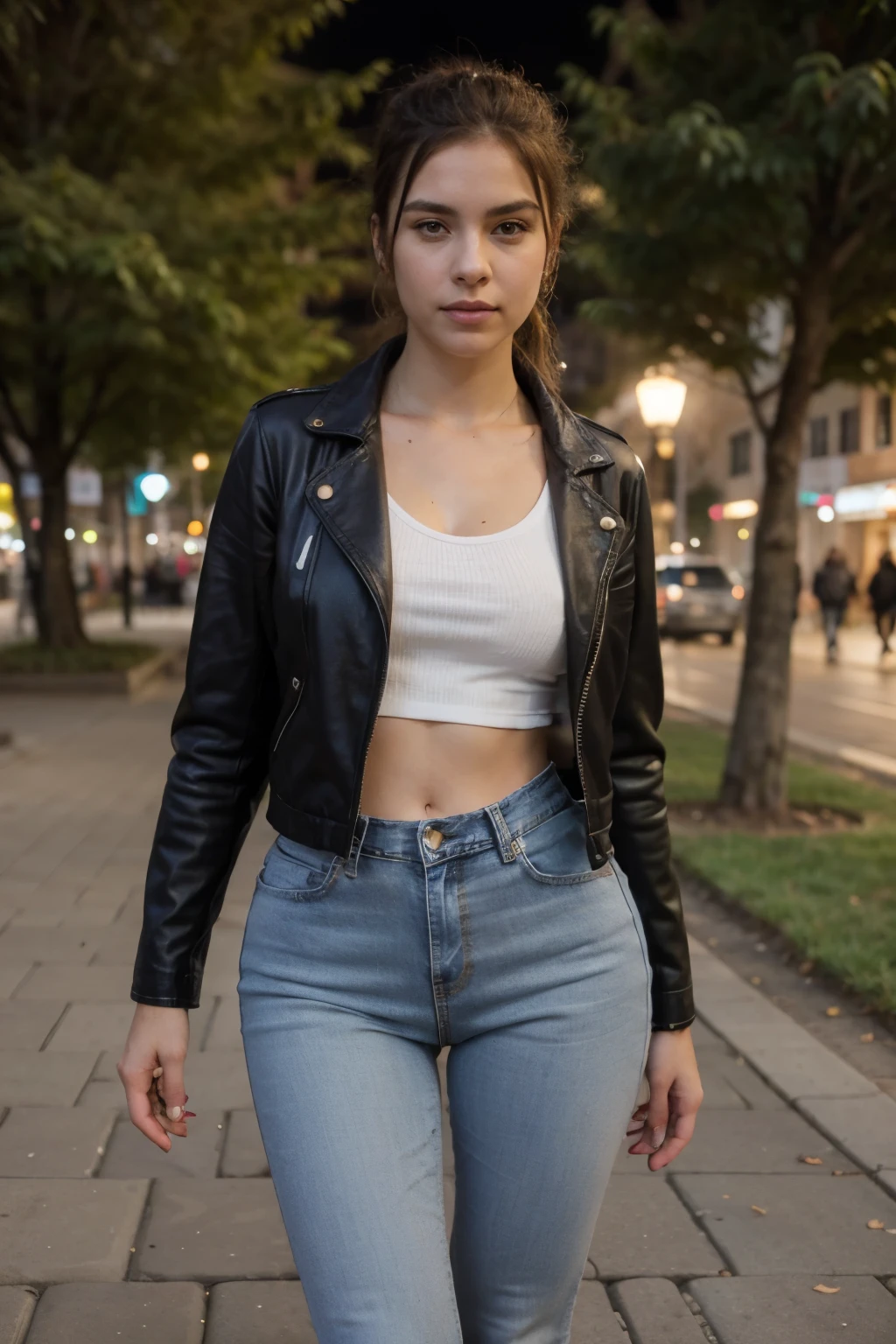 (masterpiece:1.2, best quality), 1lady, solo, upper body, big , Chic and edgy leather jacket paired with a classic white t-shirt and distressed jeans Confident and effortless with minimal makeup and a messy bun (Music festival or a trendy downtown neighborhood) Statement sunglasses and chunky jewelry, with a cross-body bag for convenience
