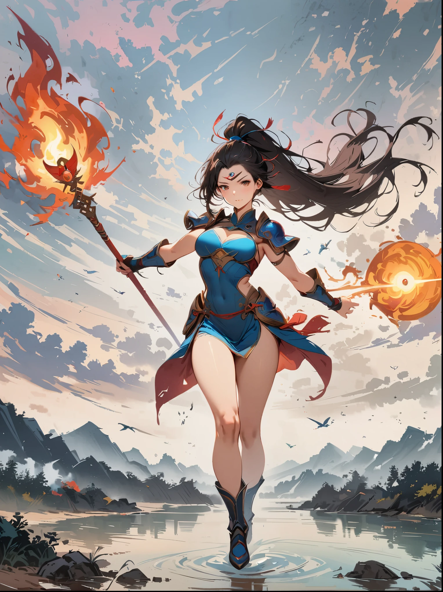 1 girl,Blood stained all over his face,anger,Holding a spear,(fly),Chinese mythology,cloudy day,Meticulous skies,abstract background,(Flame impact:0.5),The third eye of the devil,hair tie,ponytail,Wear armor,Strong body,tall and big,spear in hand,The body is suspended in the air, masterpiece, precise, anatomically correct, high detail, best quality, 8K)