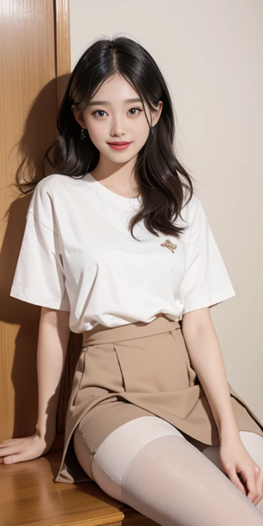 Ulzzang-6500-v1.1, (RAW photos:1.2), (photoreal),(bona fide: 1.4), pieces fly away, best quality, shame, very detailed, finely, high resolution, 8K wallpapers, 完璧なダイナミックな構shame, beautiful and pretty eyes, ladies business fashion, harsh trial, very realistic pantyhose:1.2, skirt and thigh hair,, natural color lip, Bold sexy pose, (very friendly smile:1.2)、23 year old girl、cute、Sexy shot looking at the camera, realistic skin texture、glowing skin、exposed thighs!!! (full body shot:1.15),Spread your legs, Sitting