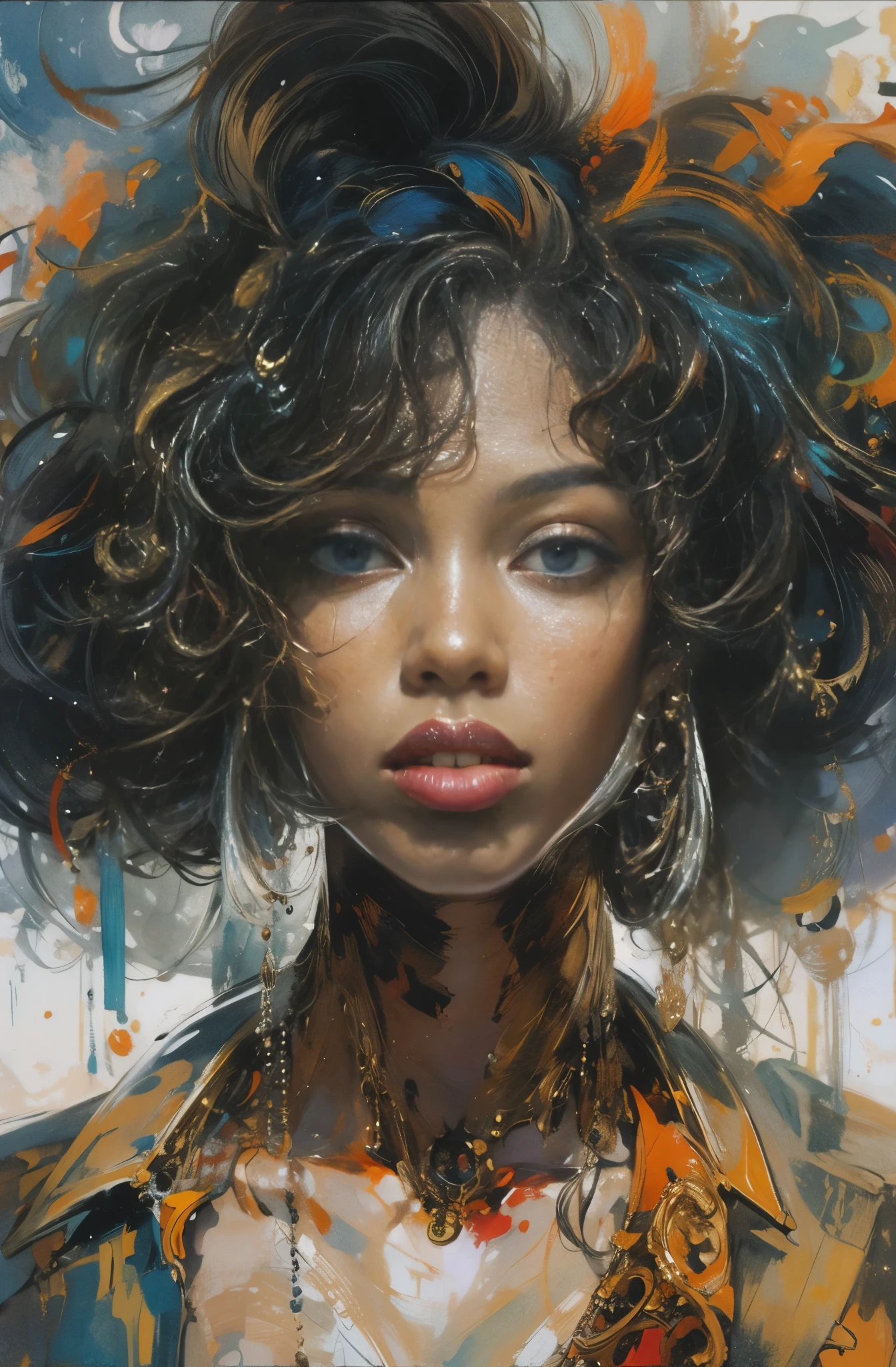 Beautiful Black Woman Painting, pretty much beautiful face, hip hop, soulful, Ultra-detailed paintings inspired by WLOP, Trends on ArtStation, fantasy art, complicated fuss, art of wallop, wallop art, WLOP |, wallop style, beautiful character drawings, Wlop painting style, WLOP | germ of art, Unparalleled Beauty Tumbler, figurative art, intense watercolor, watercolor detailed art, watercolor splash, surreal, avant-garde pop art, Beautiful and expressive paintings, Beautiful artwork illustration, very colorful tones, wonderful, cool beauty, masterpiece, highest quality, official art, women only, sharp outline, best shot, vector art, Written by Sandra Chevrier, dave mckean、By Richard Avedon、Written by Makiezi Kusiala, luminous design