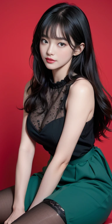 masterpiece, best picture quality, high quality, Beautiful girl, Japanese, Japanese school girl, Popular Korean Makeup, detailed, puffy eyes, detailed eyes, detailed skin, beautiful skin, ultra high resolution, (reality: 1.4), very beautiful, a slightly younger face, beautiful skin, slim, (극도로 reality적이다), (illustration), (high resolution), (8 thousand), (highly detailed), (best illustration), (beautifully detailed eyes), (super detailed), (wallpaper), (detailed face), looking at viewer, fine details, detailed face, pure face_v1, smiling, looking straight ahead, looking straight ahead, angle above waist, reality적인 사진, bright lights, professional lighting, black hair (a little green), long hair, Dark ruins, The big red moon, Gorgeous red and black dress, mature woman, long stylish bangs, whole body, stockings, Bewitching