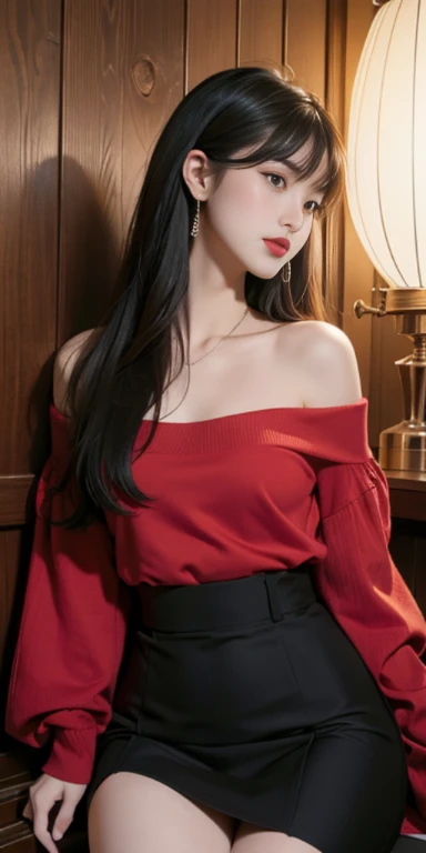 masterpiece, best picture quality, high quality, Beautiful girl, Japanese, Japanese school girl, Popular Korean Makeup, detailed, puffy eyes, detailed eyes, detailed skin, beautiful skin, ultra high resolution, (reality: 1.4), very beautiful, a slightly younger face, beautiful skin, slim, (극도로 reality적이다), (illustration), (high resolution), (8 thousand), (highly detailed), (best illustration), (beautifully detailed eyes), (super detailed), (wallpaper), (detailed face), looking at viewer, fine details, detailed face, pure face_v1, smiling, looking straight ahead, looking straight ahead, angle above waist, reality적인 사진, bright lights, professional lighting, black hair (a little green), long hair, Dark ruins, The big red moon, Gorgeous red and black dress, mature woman, long stylish bangs, whole body, stockings, Bewitching