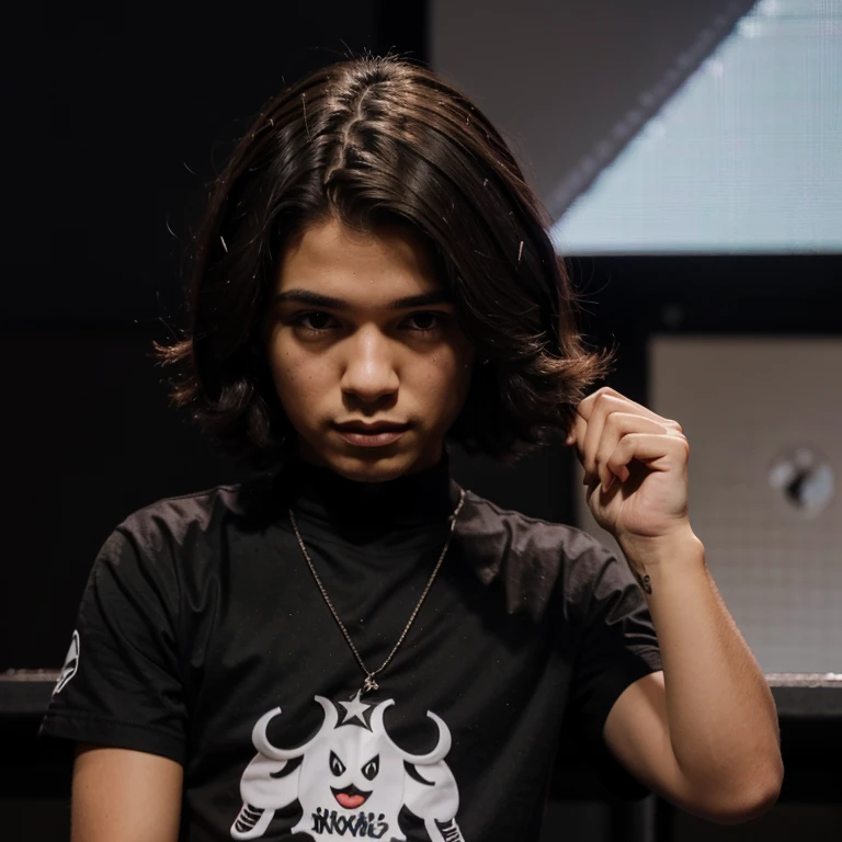 Um menino com o cabelo no pescoso moleton preto no palco na nickelondeon
