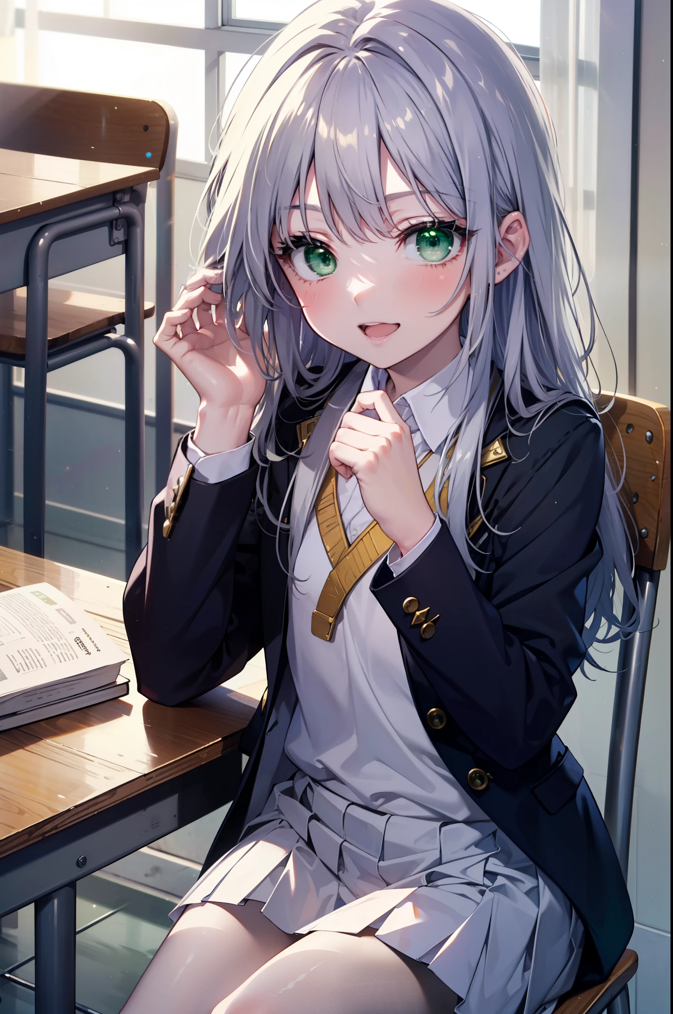 index, index, (green eyes:1.5), silver hair, long hair, (flat chest:1.2),happy smile, smile, open your mouth,White Y-shirt,yellow blazer,White pleated skirt,black pantyhose,brown loafers,sitting cross-legged on a chair,There is a textbook on the desk,daytime,
break looking at viewer, Upper body, whole body,
break indoors, School classroom,
break (masterpiece:1.2), highest quality, High resolution, unity 8k wallpaper, (figure:0.8), (detailed and beautiful eyes:1.6), highly detailed face, perfect lighting, Very detailed CG, (perfect hands, perfect anatomy),