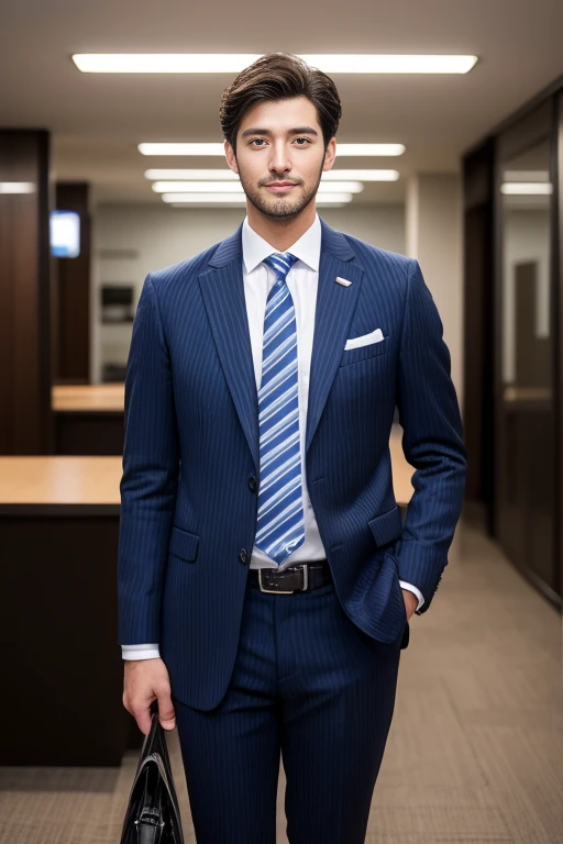 Brown striped suit、 30-year-old handsome employee、The hair is neat.It is not advisable to cut the beard short.no beard. (Super handsome S-class suit man)、 Japanese male, 30 years old、 merchant、 Super Deluxe Set、 office、 Stand up in a suitSyoung handsome man、 full body image、 (CG Unity 8K High Detail Photo)、 (a very detailedSThe most handsome boy in the class)、 (Photos are real)、 ((top quality))、 super detailed、 (Masterpiece)、 super high quality、 High、 audience、 gentleman、 very beautiful hair、 short hair、 bright photos、 As handsome as a model、 As handsome as an idol、 Luxury watches、 Eyes balanced looking at the audience with a slight smile