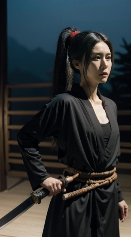 (positive focus), (in the dark: 1), (highest quality), (reality: 1), movie poster, realistic skin texture, very detailed, 8k wallpaper, volume lighting, dynamic lighting, girl, Long hair in a black ponytail, black robe, red belt, Small armor, shoulder armor, Waist Guard, hand guard, veil, Long Sword in front of Body, ancient Chinese style, Attacking posture with short sword on waist, bloodstains, broken clothes, ancient china battlefield, Ancient Chinese Soldiers, flying arrow, war, night, dramatic composition, Hardwood Surroundings, Rich image details, war,