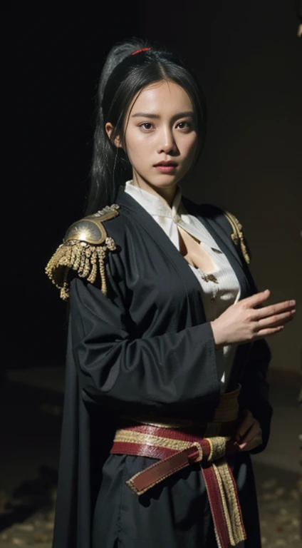(positive focus), (in the dark: 1), (highest quality), (reality: 1), movie poster, realistic skin texture, very detailed, 8k wallpaper, volume lighting, dynamic lighting, girl, Long hair in a black ponytail, black robe, red belt, Small armor, shoulder armor, Waist Guard, hand guard, veil, Long Sword in front of Body, ancient Chinese style, Attacking posture with short sword on waist, bloodstains, broken clothes, ancient china battlefield, Ancient Chinese Soldiers, flying arrow, war, night, dramatic composition, Hardwood Surroundings, Rich image details, war,
