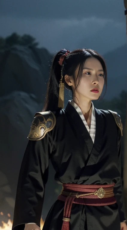 (positive focus), (in the dark: 1), (highest quality), (reality: 1), movie poster, realistic skin texture, very detailed, 8k wallpaper, volume lighting, dynamic lighting, girl, Long hair in a black ponytail, black robe, red belt, Small armor, shoulder armor, Waist Guard, hand guard, veil, Long Sword in front of Body, ancient Chinese style, Attacking posture with short sword on waist, bloodstains, broken clothes, ancient china battlefield, Ancient Chinese Soldiers, flying arrow, war, night, dramatic composition, Hardwood Surroundings, Rich image details, war,