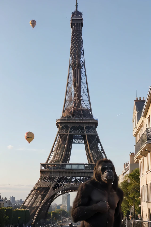 King Kong sur la tour Eiffel et un éléphant suspendu à un zeppelin tenant des ballons 