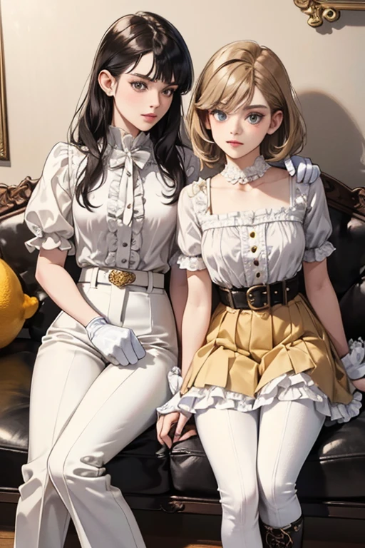Both wear Victorian-styled outfits with shorts and frilly, short-sleeved blouses with three lemon or lime brooches just above their breasts. They also wear long gloves and boots along with a belt. In the comics, one of them has a black blouse, white pants, and light brown accessories whereas the other wears a white blouse, light brown pants, and black accessories. In a promotional image posted by the creator of Sour Candy (Kate Leth), both were black accessories. One wears a gray blouse with white pants and the other wears a white blouse with gray pants. SPARKLE; GLITTER