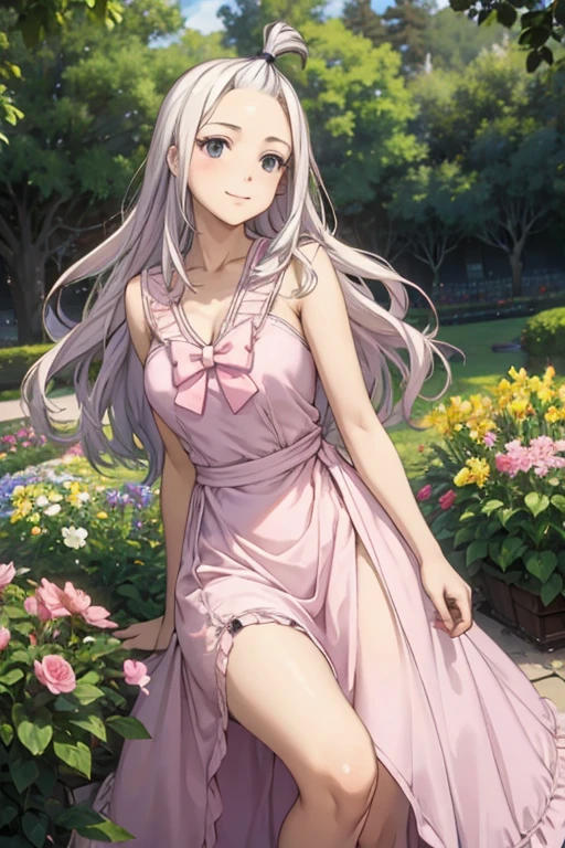 (realistic,photorealistic,photo-realistic:1.37), Mirajane Strauss with a beautiful smile, wearing a vintage dress with a floral print and a bow at the collar, and an adjusted waist. Detailed eyes and face. Flowing, long hair with highlights. Soft, natural lighting. Vibrant colors with a warm color tone. Background with a garden filled with blooming flowers and sunlight streaming through the trees.