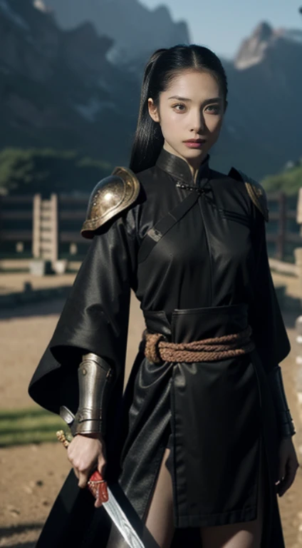 (positive focus), (in the dark: 1), (highest quality), (reality: 1), movie poster, realistic skin texture, very detailed, 8k wallpaper, volume lighting, dynamic lighting, girl, Long hair in a black ponytail, black robe, red belt, Small armor, shoulder armor, Waist Guard, hand guard, veil, Long Sword in front of Body, ancient Chinese style, Attacking posture with short sword on waist, bloodstains, broken clothes, ancient china battlefield, Ancient Chinese Soldiers, flying arrow, war, night, dramatic composition, Hardwood Surroundings, Rich image details, war,