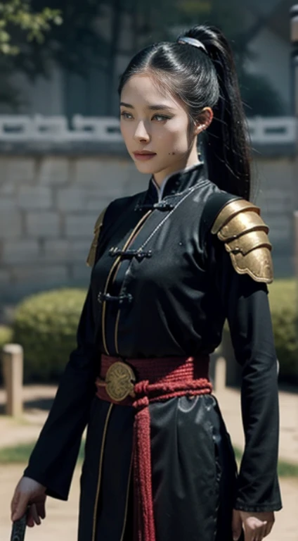 (positive focus), (in the dark: 1), (highest quality), (reality: 1), movie poster, realistic skin texture, very detailed, 8k wallpaper, volume lighting, dynamic lighting, girl, Long hair in a black ponytail, black robe, red belt, Small armor, shoulder armor, Waist Guard, hand guard, veil, Long Sword in front of Body, ancient Chinese style, Attacking posture with short sword on waist, bloodstains, broken clothes, ancient china battlefield, Ancient Chinese Soldiers, flying arrow, war, night, dramatic composition, Hardwood Surroundings, Rich image details, war,