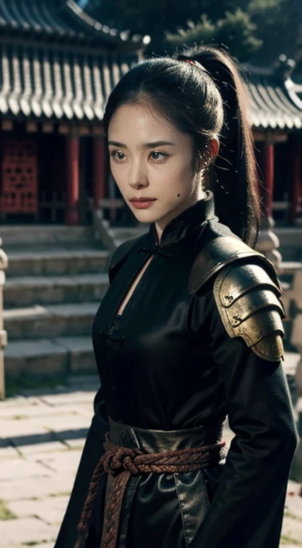 (positive focus), (in the dark: 1), (highest quality), (reality: 1), movie poster, realistic skin texture, very detailed, 8k wallpaper, volume lighting, dynamic lighting, girl, Long hair in a black ponytail, black robe, red belt, Small armor, shoulder armor, Waist Guard, hand guard, veil, Long Sword in front of Body, ancient Chinese style, Attacking posture with short sword on waist, bloodstains, broken clothes, ancient china battlefield, Ancient Chinese Soldiers, flying arrow, war, night, dramatic composition, Hardwood Surroundings, Rich image details, war,