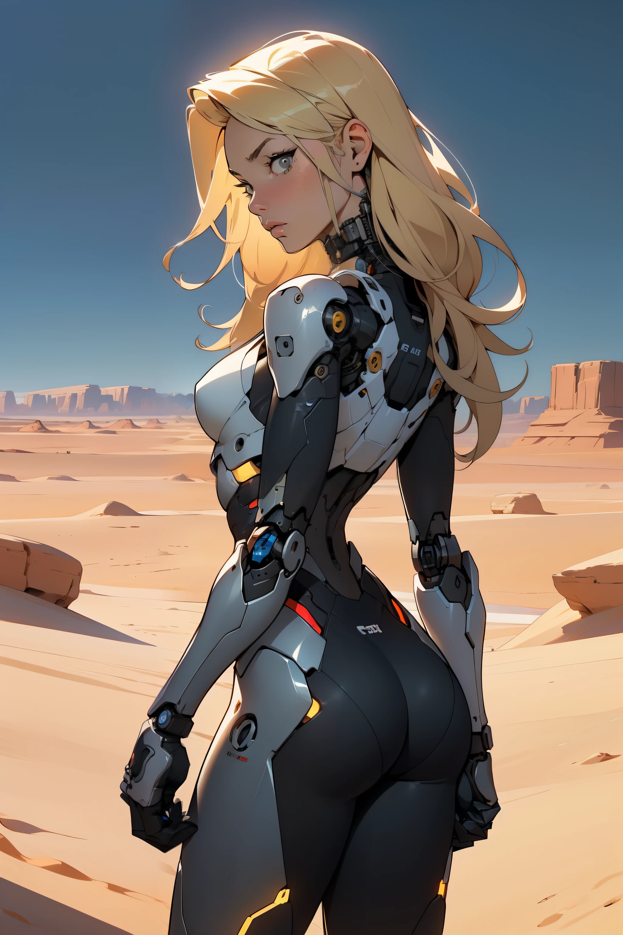high quality, 4k, masterpiece, beautiful, cyborg girl, cowboy shot, dull eyes, back side, turning around to look at viewer, long blonde hair, girl, small breasts, fit thigh, robotic arms, robotic body, cyborg body, yellow accent, red accent, intricate detail, joint, detailed lines, robotic detail, holding fist up, holding hand up as fist, color robotic parts, robotic parts with color, perfect fingers, on a desert planet, sunny background, colorful desert, a river or a lake in the background