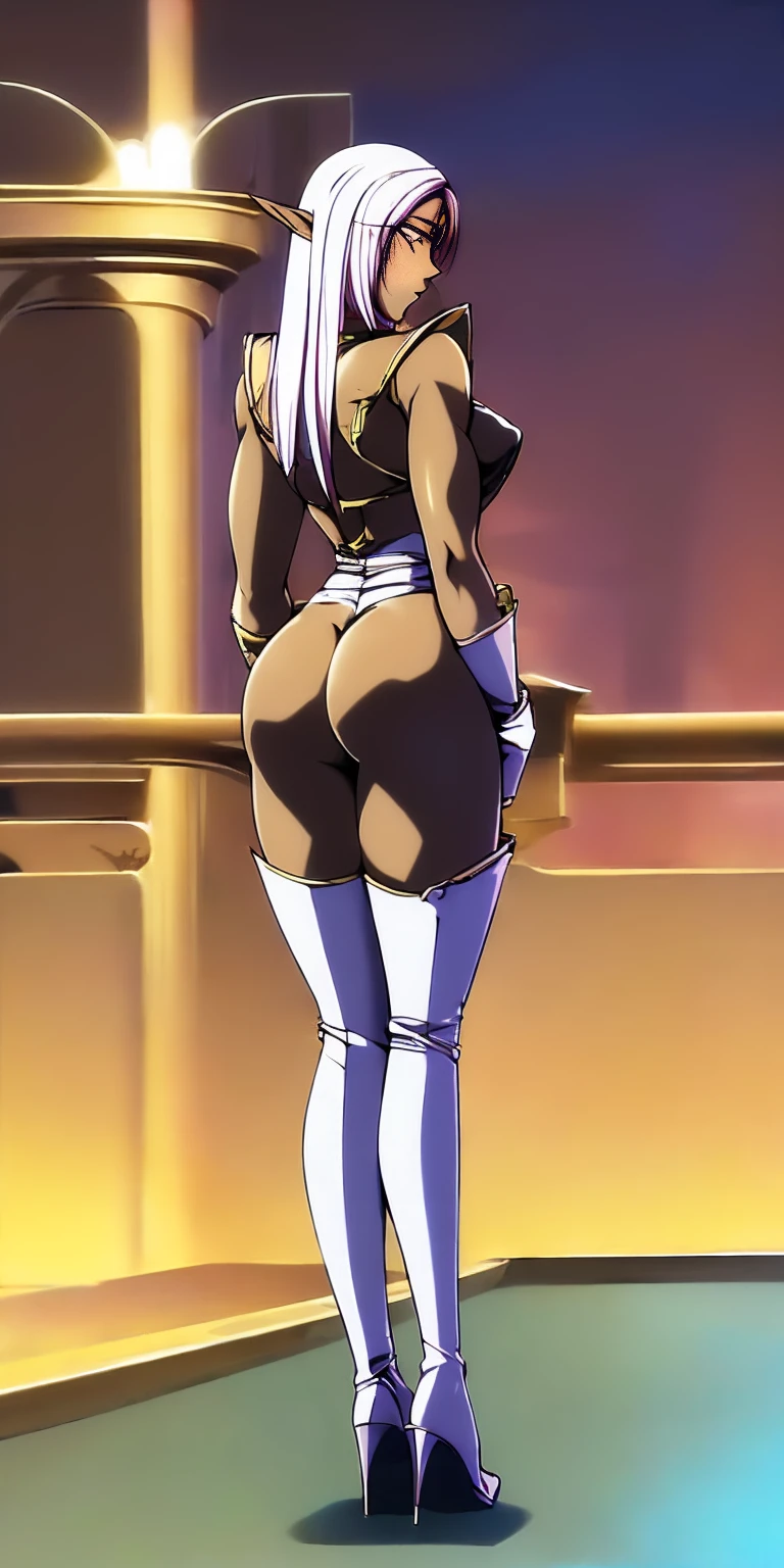 masterpiece, best quality, high quality, 1solo dark black SKIN elf, long hair, white hair, yellow eyes, full body, breastplate, looking at viewer, shiny, armor, thigh highs, high boots, shoulder armor, faulds, poleyn, gloves, gauntlets, (((1 girl))), medium to large breasts, a beautiful and cute lady, standing, (((in the pool at night))), (big muscular ass), {{{wearing armor }}} (thin waist), (incredibly beautiful full body photo, standing, (((bright eyes))), good anatomy, perfect hand muscular legs))), thin waist, muscular abdomen, wearing black high heel shoes, (((with her back to me showing her big shapely ass to me))), grabbing own ass