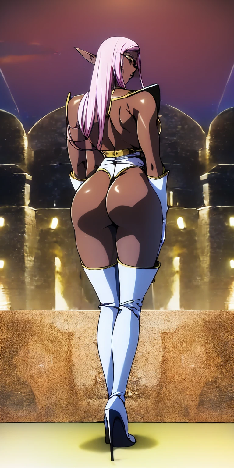 masterpiece, best quality, high quality, 1solo dark black SKIN elf, long hair, white hair, yellow eyes, full body, breastplate, looking at viewer, shiny, armor, thigh highs, high boots, shoulder armor, faulds, poleyn, gloves, gauntlets, (((1 girl))), medium to large breasts, a beautiful and cute lady, standing, (((in the pool at night))), (big muscular ass), {{{wearing armor }}} (thin waist), (incredibly beautiful full body photo, standing, (((bright eyes))), good anatomy, perfect hand muscular legs))), thin waist, muscular abdomen, wearing black high heel shoes, (((with her back to me showing her big shapely ass to me))), grabbing own ass