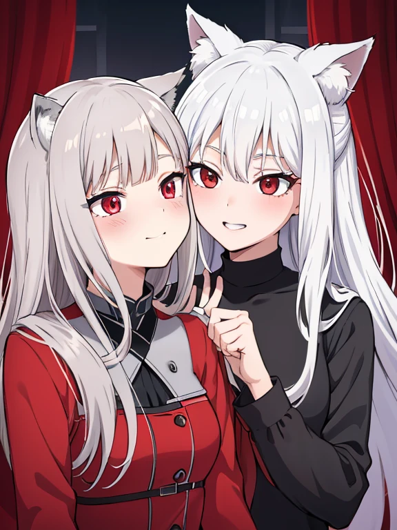 red eyes,details:1.5,(best quality,8k,highres,masterpiece:1.2),ultra-detailed, Foxy boy:1.1, with grey hair,evils smile,casual clothes,Foxy girl:1.1, with silver hair,feminine,blushing cheeks,near kiss