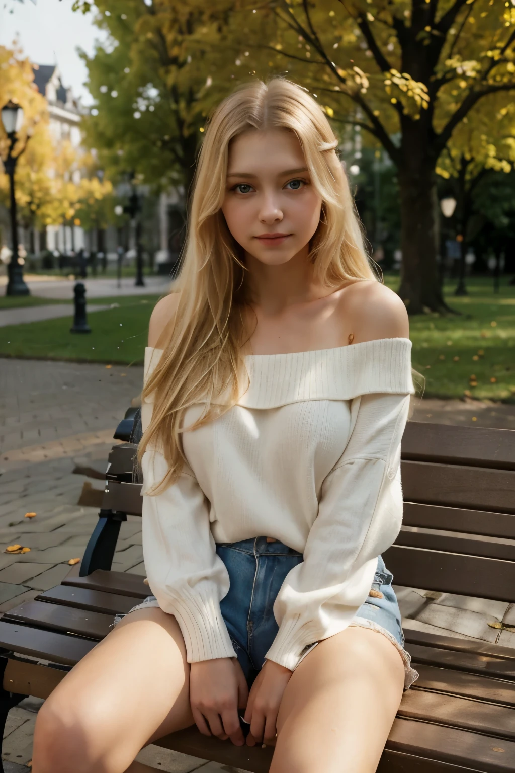 Young beautiful blond woman with long light blond hair sitting on a park bench and wearing an off-the-shoulder sweater and shorts, es ist ein sonniger Herbstnachmittag, beautiful succubus, clean shaved, (Derevschikova:1.5), yum, beautiful alluring , perfect nose, ultra beautiful, with her long, perfect beautiful, deep shafts, realistic , epic beautiful, big breasts, 8k, fuji xt3, teasing, sap, cherub, keyhole, teasing, not cropped, premium, realistic hands