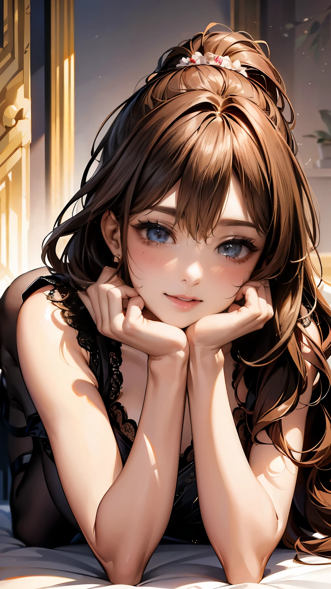 highest quality、masterpiece、8K、realistic、ultra high resolution、very delicate and beautiful、HDR、cinematic lighting、medium range shooting、portrait、perfect female body、Beautiful woman、mature woman、Contrasting、put your hand on your head、look at the audience、((Semi-long wavy hair、light brown hair、ponytail))、((prostitute:1.4、sexy costume、High heeled shoes、Seductive makeup))、confident smile、Flexible body、Sexual poses、Graceful operation、relaxed atmosphere、