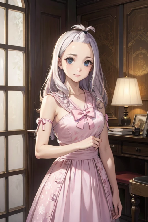 ultra realistic 8k cg, masterpiece, ((ultra detailed background, delicate pattern, intricate detail)), (highly detailed, fine details), best quality, 1girl, (photorealistic:1.4),beautiful lighting, absurdres, RAW photo, film grain, Mirajane Strauss with a beautiful smile wearing a dress Vintage with floral print With bow at the collar and adjusted waist