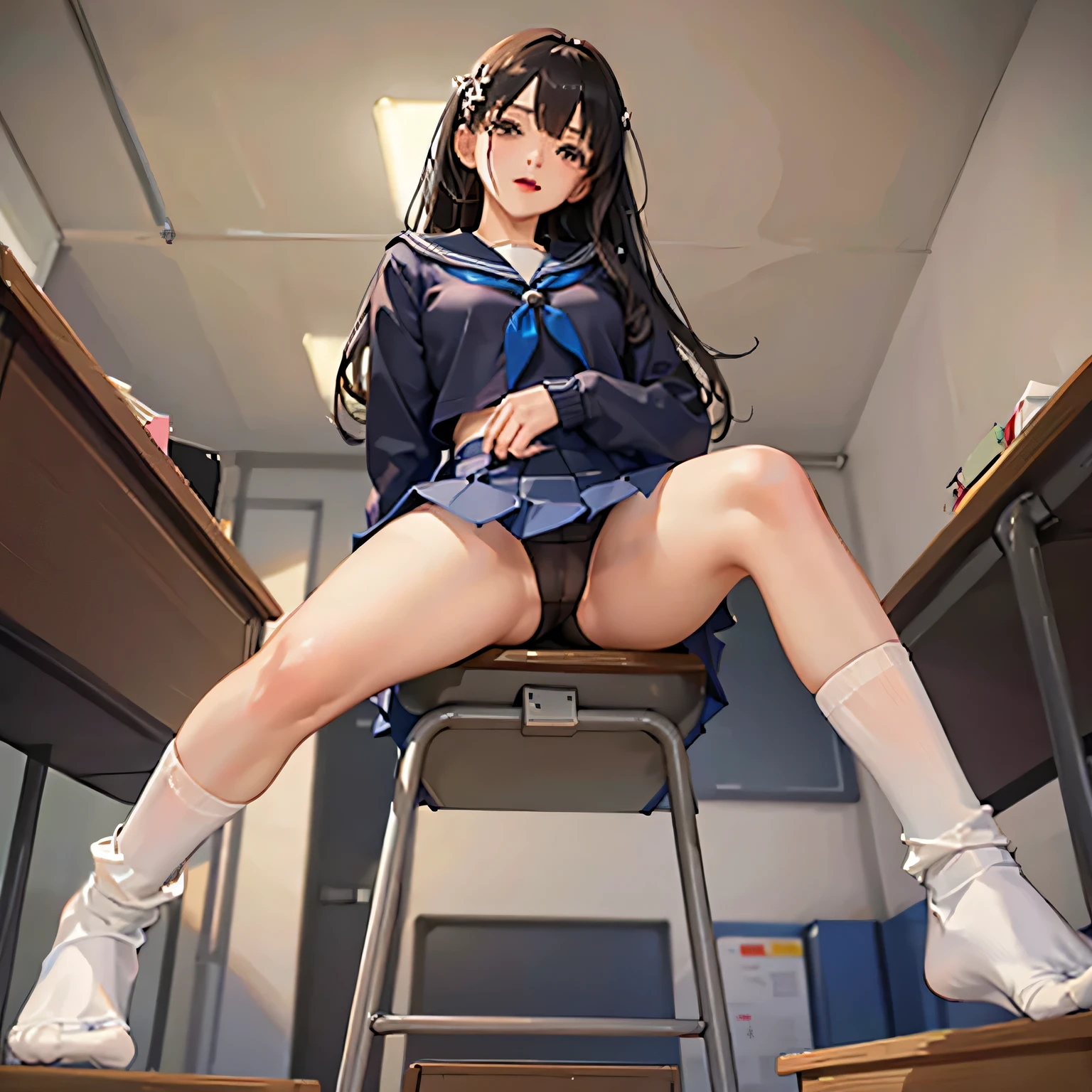 from below,( Panty shots from between the desks:1.2).(from below:1.5)
(on the desks itting:1.3), girl on top, 1girl,black hair,23yo. spread legs,, medium breasts, [nude:underwear:0.2],(cute blue panty), cameltoe, serafuku, undressing,( open chest), ,((microskirt,)) , neck ribbon, laughing, in classroom, masterpiece, kawaii,,((stand)),open legs,((loose socks)) he