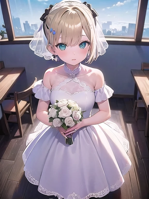 (masterpiece:1.3),((High resolution)),((high quality)),((Super detailed))、1 girl、perfect balance、perfect face、detailed face、cute face、beautiful詳細な目、Expressive eyes、cute eyes、shiny eyes、perfect body、beautiful体、(((Wedding dress)))、off shoulder、marriage、church、marriage式、bride、smile、Walnut noa、short hair、colorful hair、hair ribbon、hair ornament,(big breasts)、(head shot)、embarrassing、blush、beautiful女の子、cute face、beautiful顔、cute face、beautiful、best quality、good anatomy、ornaments　,short hair、colorful hair、hair ribbon、hair ornament、thigh strap、smile、closed mouth、blush、Are standing、From above、((full body)),((Super detailedな背景)), mistress pose, ((8k wallpaper)) , smile, blush, outdoor, Day, blue sky, empty, looking at the viewer, moody lighting, face-to-face audience