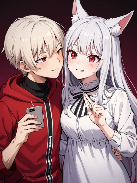 red eyes,details:1.5,(best quality,8k,highres,masterpiece:1.2),ultra-detailed, Foxy boy:1.1, with grey hair,evils smile,casual clothes,Foxy girl:1.1, with silver hair,feminine,blushing cheeks,near kiss