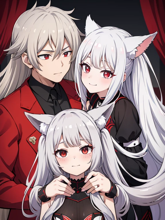 red eyes,details:1.5,(best quality,8k,highres,masterpiece:1.2),ultra-detailed, Foxy boy:1.1, with grey hair,evils smile,casual clothes,Foxy girl:1.1, with silver hair,feminine,blushing cheeks,near kiss