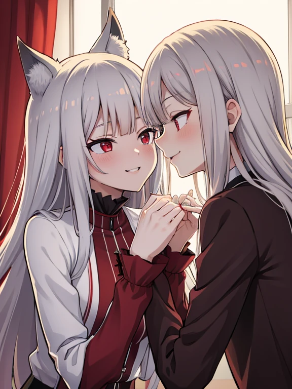 red eyes,details:1.5,(best quality,8k,highres,masterpiece:1.2),ultra-detailed, Foxy boy:1.1, with grey hair,evils smile,casual clothes,Foxy girl:1.1, with silver hair,feminine,blushing cheeks,near kiss