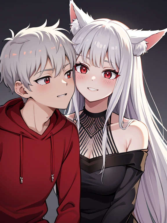 red eyes,details:1.5,(best quality,8k,highres,masterpiece:1.2),ultra-detailed, Foxy boy:1.1, with grey hair,evils smile,casual clothes,Foxy girl:1.1, with silver hair,feminine,blushing cheeks,near kiss