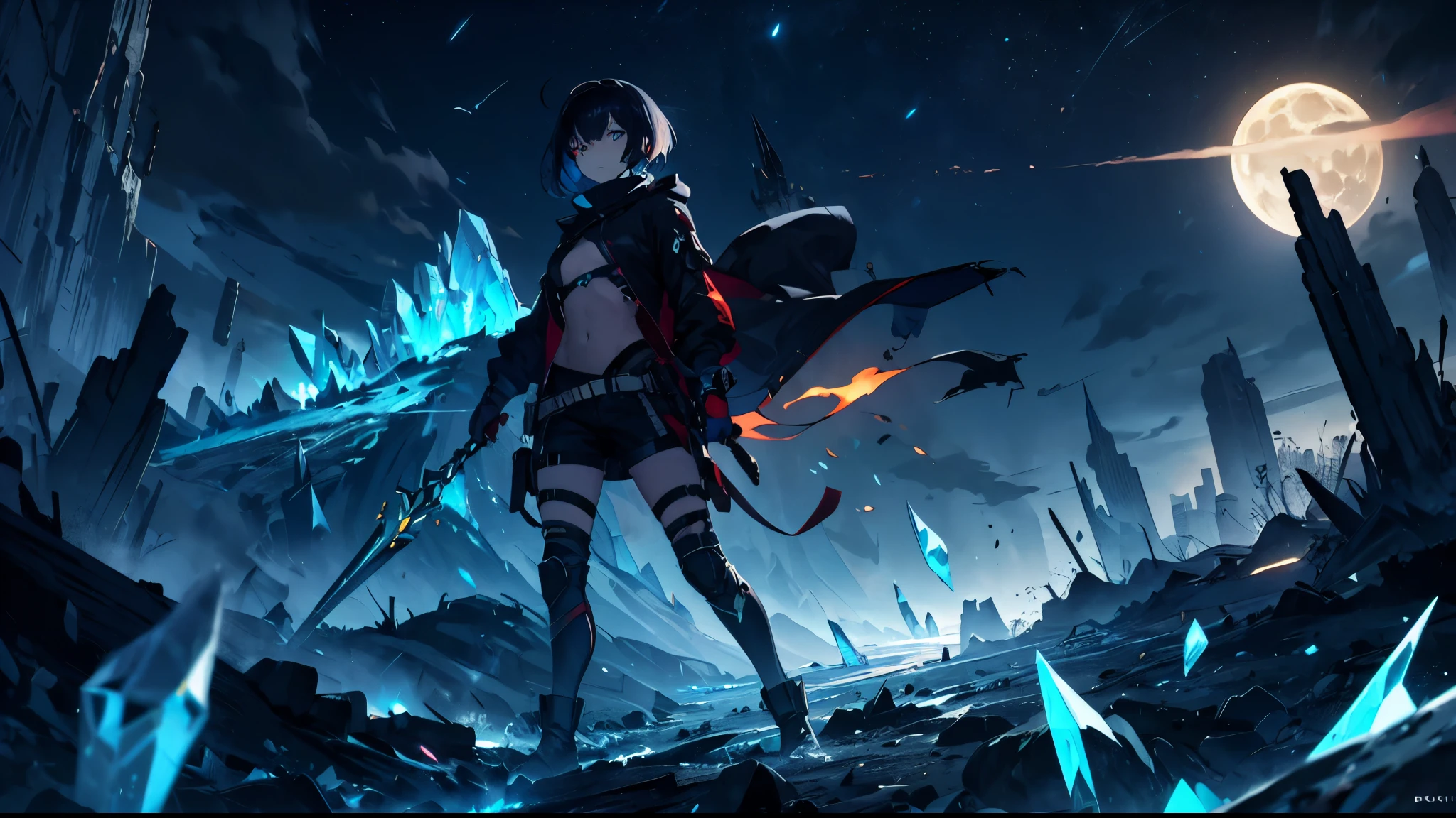 apocalyptic landscape, shattered, crystals, moon, cataclysm, 1girl, solo, short_hair, aqua_eyes, black_hair, glowing_eyes, night, dark