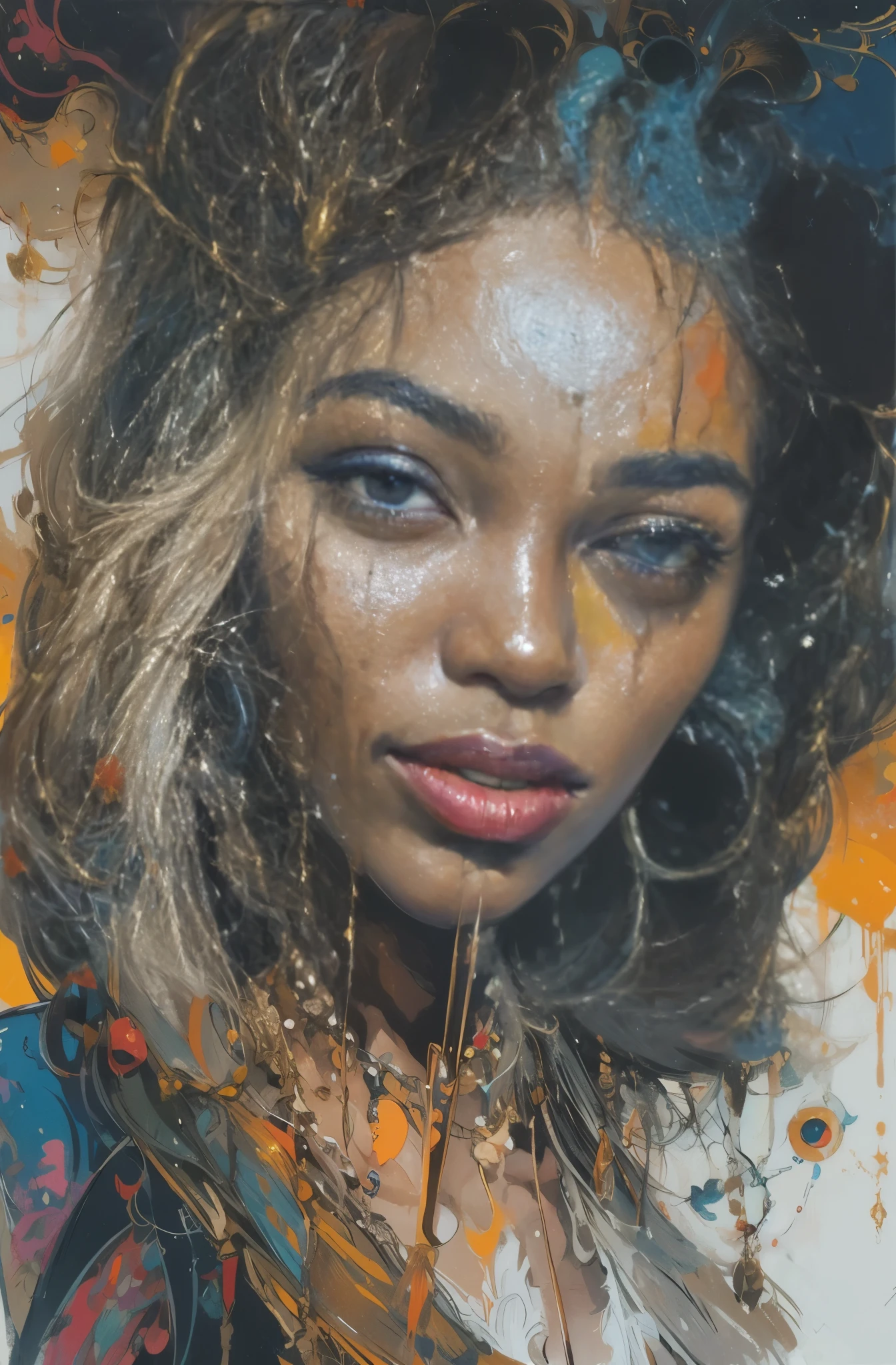 Beautiful Black Woman Painting, pretty much beautiful face, hip hop, soulful, Ultra-detailed paintings inspired by WLOP, Trends on ArtStation, fantasy art, complicated fuss, art of wallop, wallop art, WLOP |, wallop style, beautiful character drawings, Wlop painting style, WLOP | germ of art, Unparalleled Beauty Tumbler, figurative art, intense watercolor, watercolor detailed art, watercolor splash, surreal, avant-garde pop art, Beautiful and expressive paintings, Beautiful artwork illustration, very colorful tones, wonderful, cool beauty, masterpiece, highest quality, official art, women only, sharp outline, best shot, vector art, Written by Sandra Chevrier, dave mckean、By Richard Avedon、Written by Makiezi Kusiala, luminous design