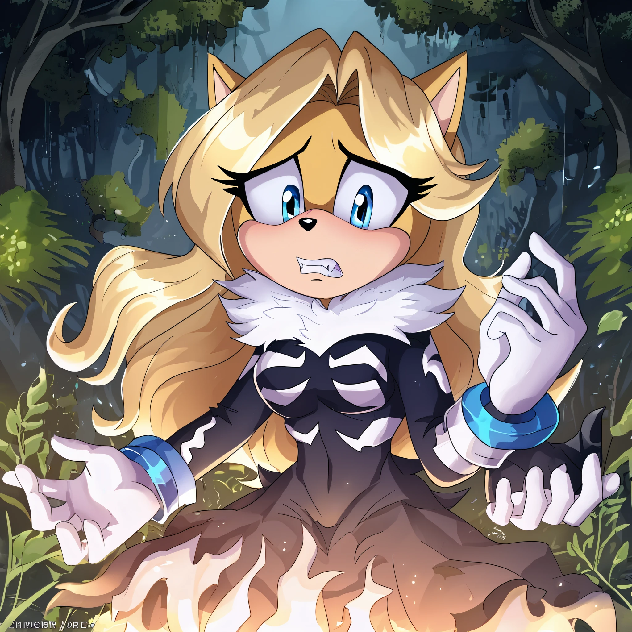 score_9, score_8_up, score_7_up, ((Masterpiece)), high quality, studio quality, 1girl, Female, mobian, ((hedgehog)), 1girl, solo, forest background, blonde fur, long hair, blue irises, hair bangs, beautiful young woman Venomized, long strabarry blonde hair, soft blue eyes with a hint of mystery, wearing Venom Symbiote Suit, looking down at herself with a sad/scared expression, innocently scared look