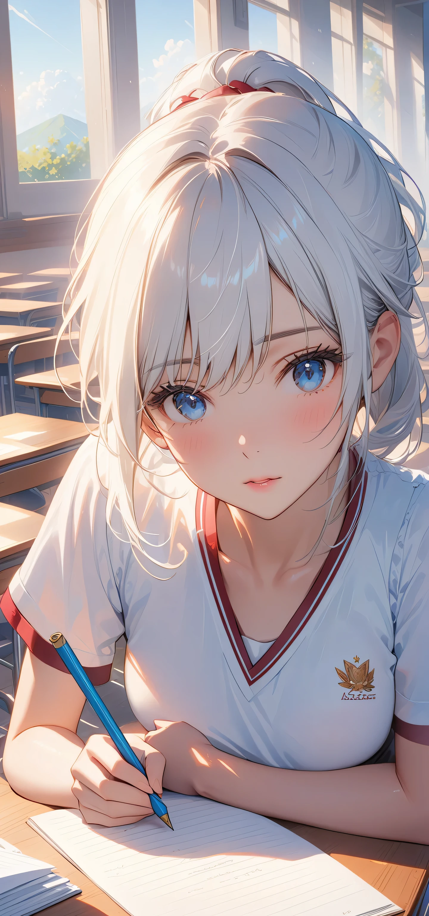 masterpiece, top quality, Super details, 8K, Detail lights, Detailed shadows, raw, (delicate skin), (real: 1.2),, 1 girl, white hair, short sleeve school uniform，Eye close-up，classroom，flat chest，Writing