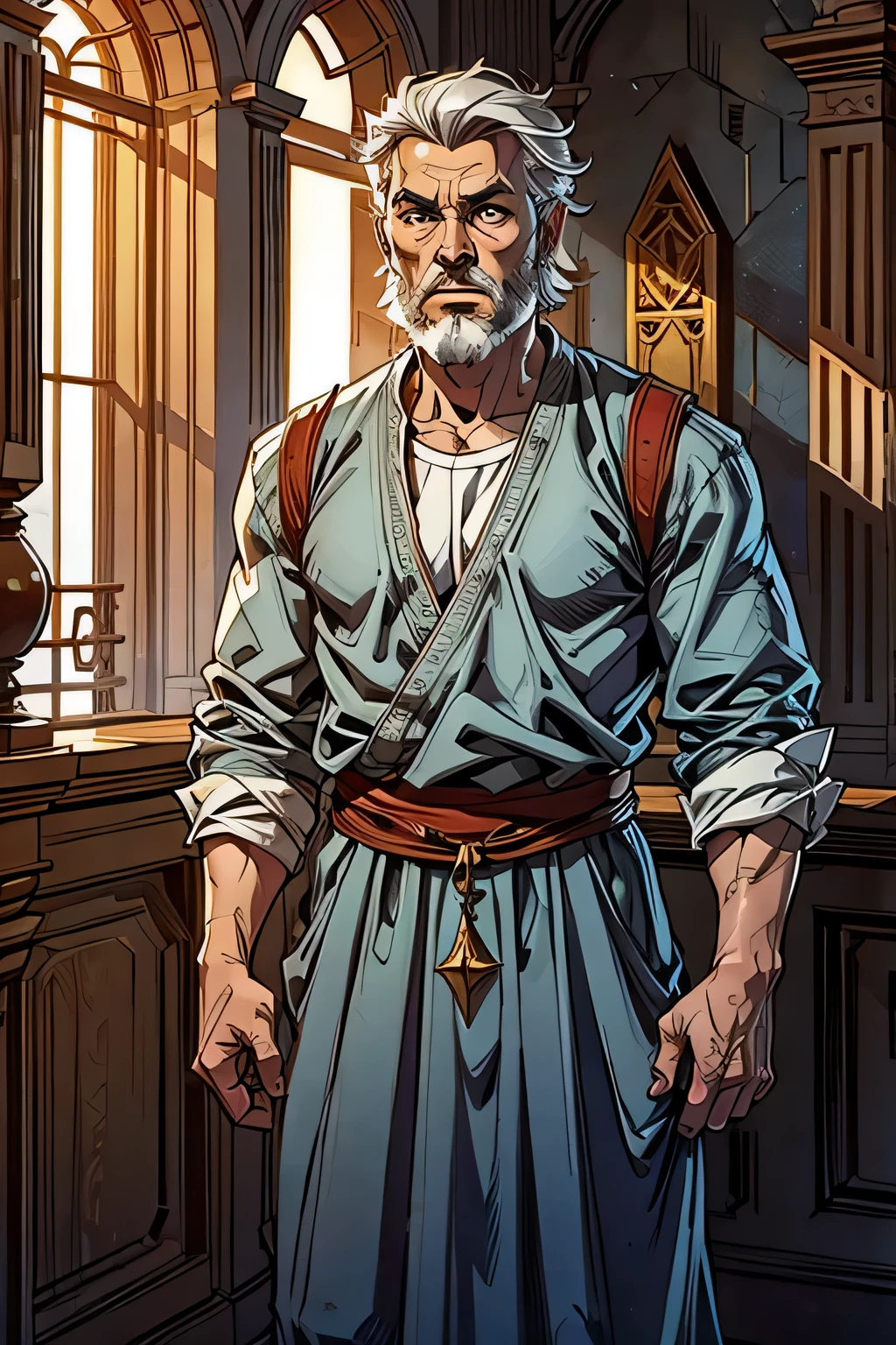 best quality image, man, 60 years old, short gray hair, beard, wearing Hebrew style clothes, biblical style, with nothing in his hands, standing in the throne room, biblical style