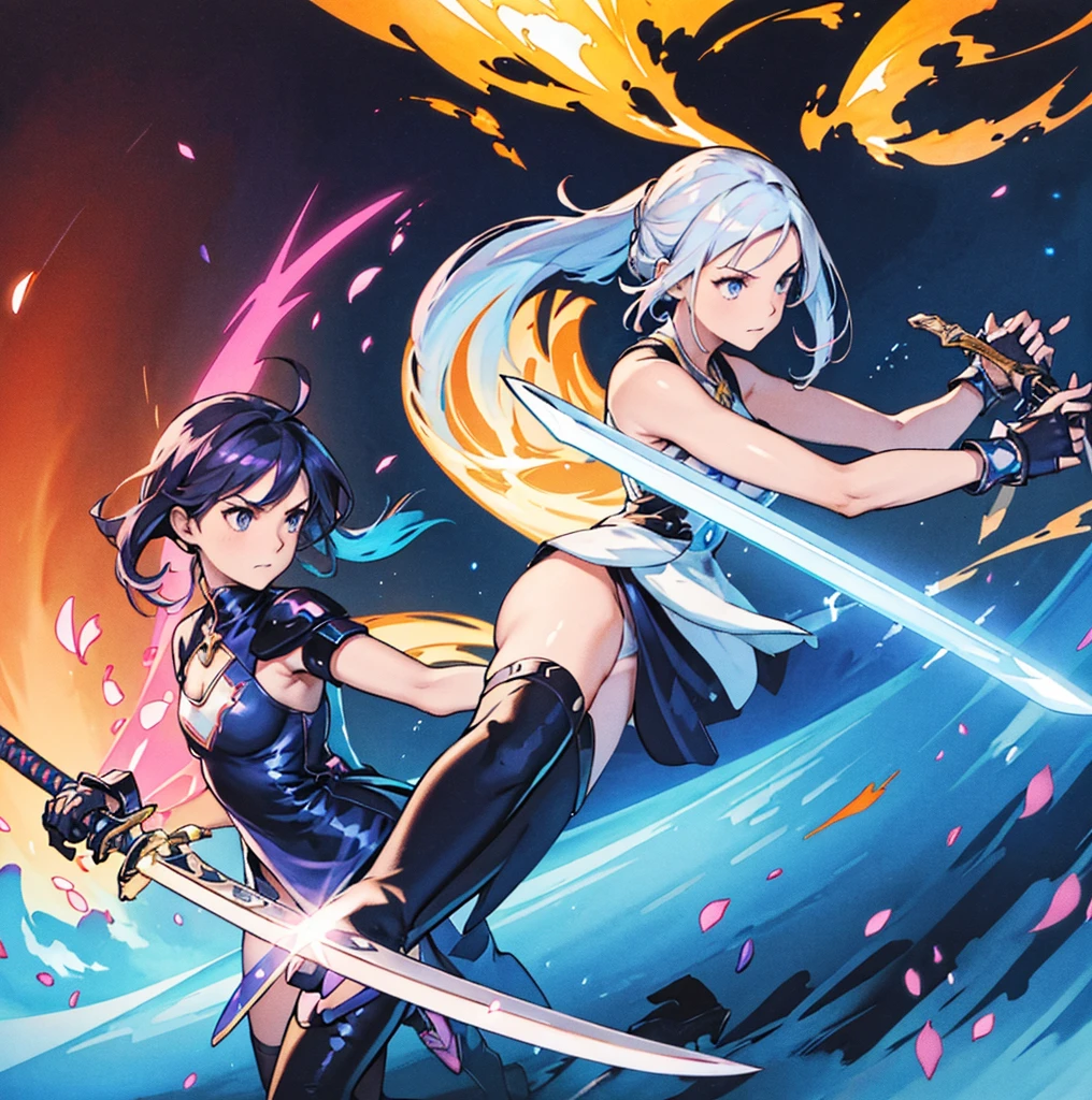 there is a cartoon image of a woman holding a sword, wielding a magical sword, brandishing powerful sword, brandishing cosmic weapon, dramatic wielding sword pose, [ digital art ]!!, brandishing futuristic sword, brandishing a powerful sword, magical sword, holographic blade!, digital art!!, dual wielding two magical swords, with large sword