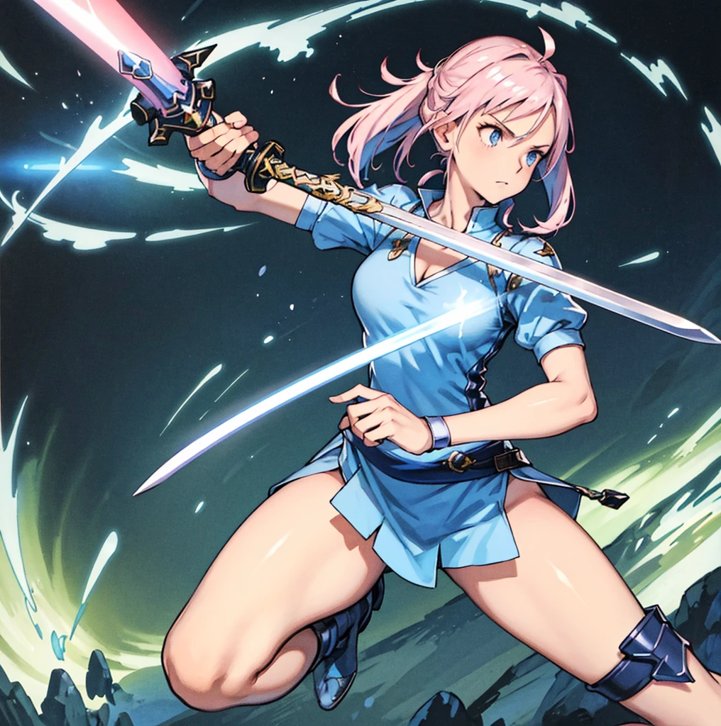 there is a cartoon image of a woman holding a sword, wielding a magical sword, brandishing powerful sword, brandishing cosmic weapon, dramatic wielding sword pose, [ digital art ]!!, brandishing futuristic sword, brandishing a powerful sword, magical sword, holographic blade!, digital art!!, dual wielding two magical swords, with large sword