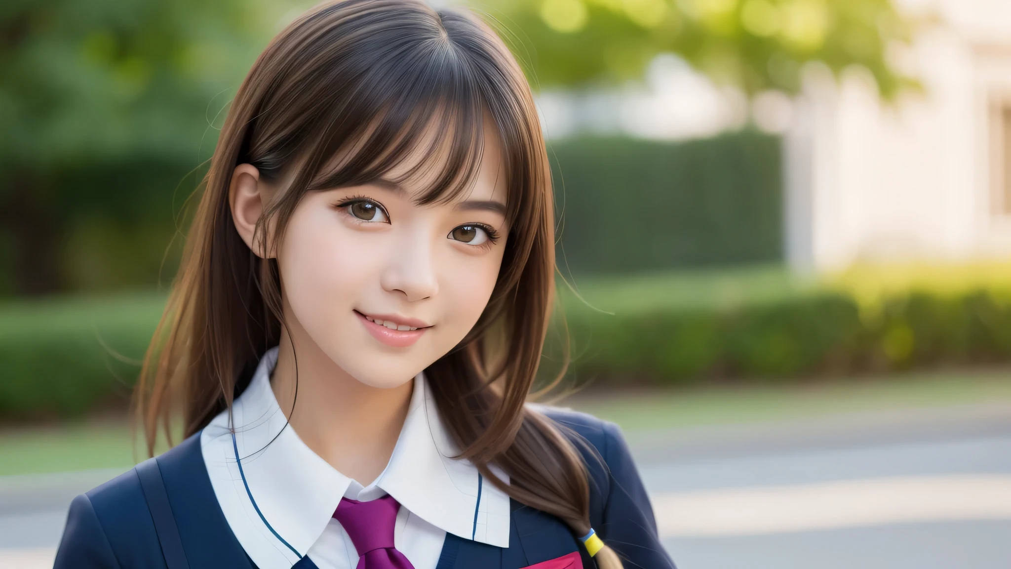 (1girls), beautiful face, Amazing face and eyes, delicate, (Best Quality:1.4), (Ultra-detailed), (extremely detailed beautiful face), (princess hair cut style), cute smile, brown eyes, (highly detailed Beautiful face), (short sleeves school uniform:1.3), (extremely detailed CG unified 8k wallpaper), Highly detailed, High-definition raw color photos, Professional Photography, Realistic portrait, evening, Extremely high resolution, modern, trendy, fashionable, school, (Running:1.3), (No expression)