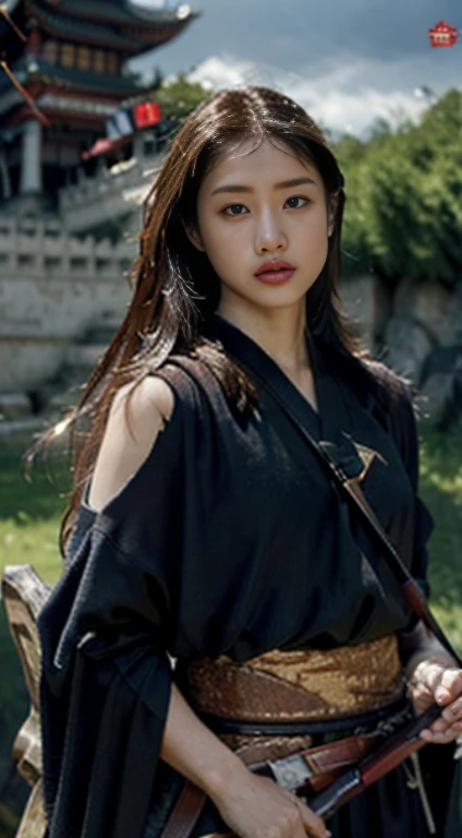 (positive focus), (in the dark: 1), (highest quality), (reality: 1), movie poster, realistic skin texture, very detailed, 8k wallpaper, volume lighting, dynamic lighting, girl, Long hair in a black ponytail, black robe, red belt, Small armor, shoulder armor, Waist Guard, hand guard, veil, Long Sword in front of Body, ancient Chinese style, Attacking posture with short sword on waist, bloodstains, broken clothes, ancient china battlefield, Ancient Chinese Soldiers, flying arrow, war, night, dramatic composition, Hardwood Surroundings, Rich image details, war,
