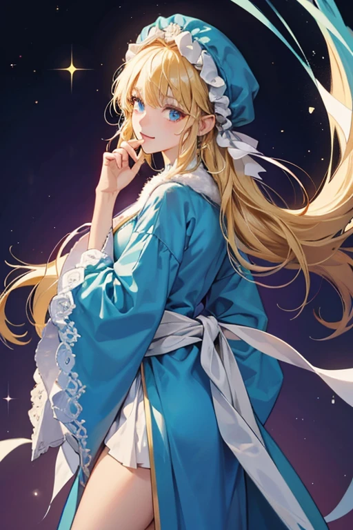 Lady Wizard 2 wears a large blue robe tied into a knot in the back. Her sleeves appear to drape over her arms. She wears a piece of cyan cloth over her head tied into a knot at the top, and it also has a hole for her face. She has squinted eyes that have two eyelashes each. She also appears to be blonde. There is a small rip in her robe near the bottom of it. When she turns into a cat, her fur is the same color as her head cover, with two stripes the same color as her robe going across her back, and one ringed stripe on the bottom on her tail. SPARKLE; GLITTER