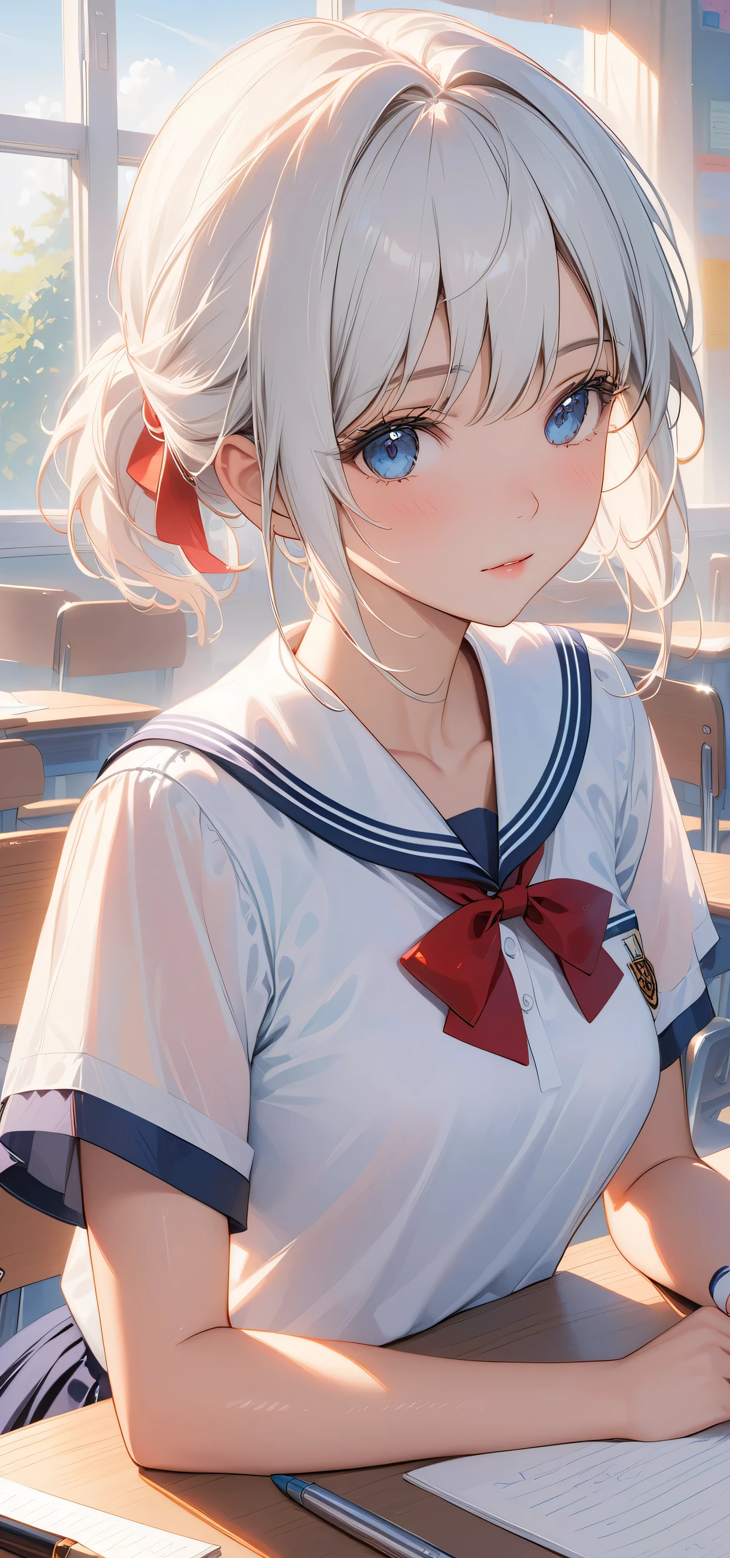 masterpiece, top quality, Super details, 8K, Detail lights, Detailed shadows, raw, (delicate skin), (real: 1.2),, 1 girl, white hair, short sleeve school uniform,Eye close-up,classroom,flat chest,Writing