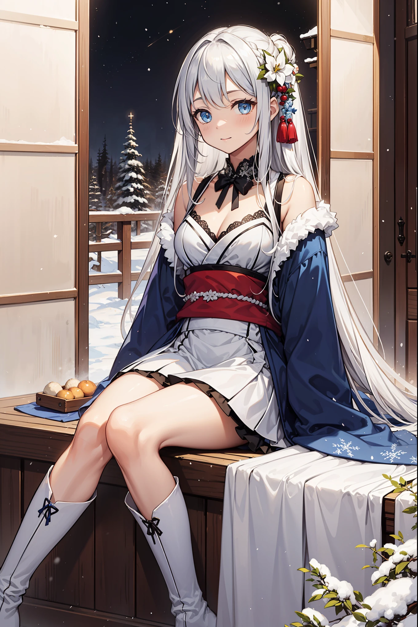 saints，Attractions，having fun，in love，(Western magic white dress)，silver hair，blue eyes，Suitable for transparent clothes，Decoration of saints，Sky blue cloth，Snowflake pattern，Sky blue pattern，snowy night，Transparent lace，exquisite clothing，sitting position，the only person，Japanese garden，(night:1.1)，snow，(Long suspender boots:1.1)，Exquisite and beautiful face，sitting position