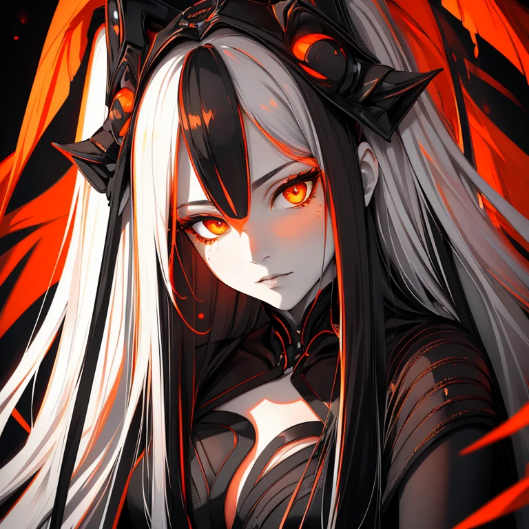 (best quality, highres, ultra-detailed), portraits, mature sexy woman, long white hair, beautifully clear skin, black attire, (orange eyes), sensual pose, subtle black spots, mysterious aura, (((monochromatic)))