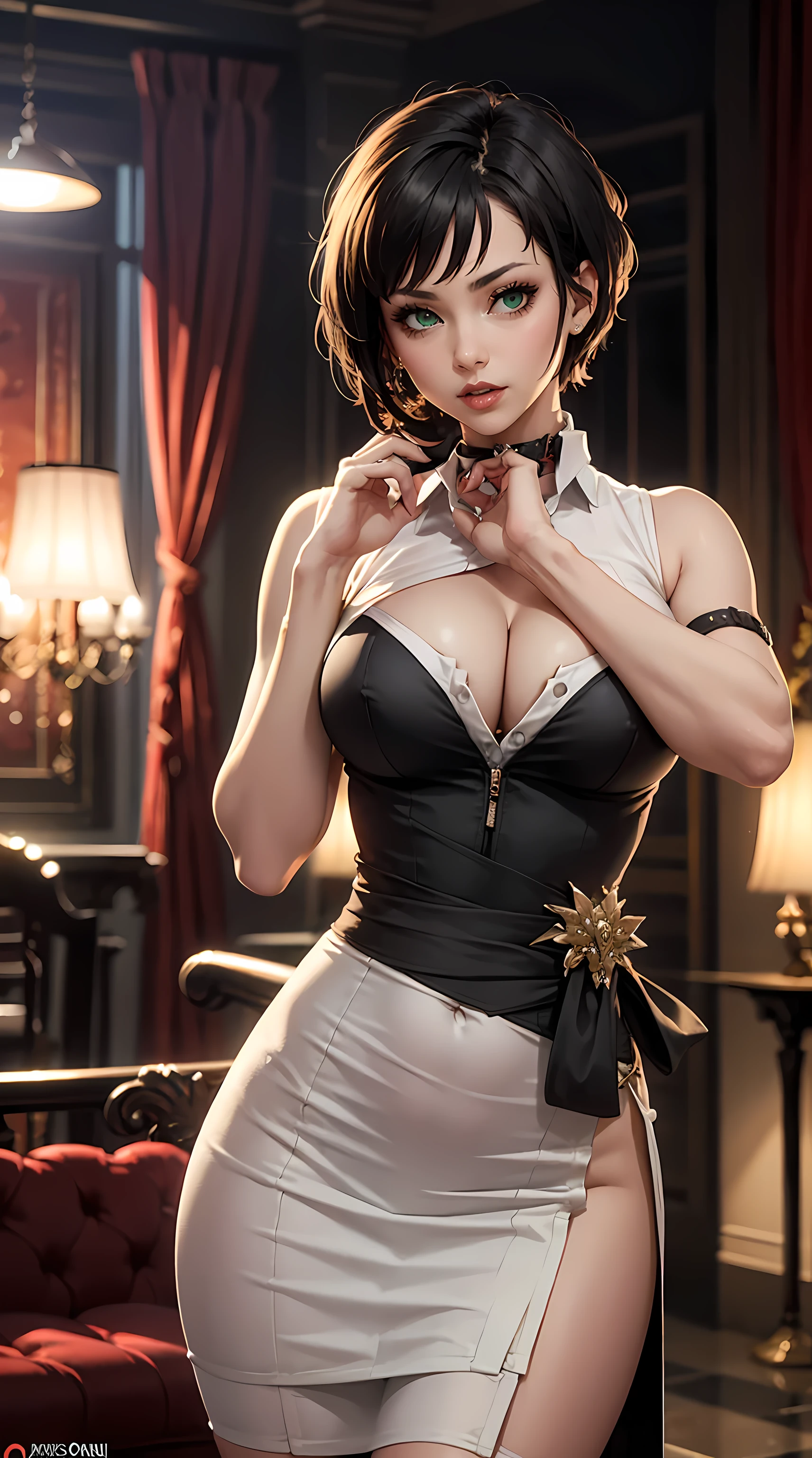 Beautiful black short hair girl is shown to have a slender figure, she is wearing a beautiful sexy dress, green eyes, girl standing in a gala ballroom, sexy session, putting her hands on her waist, poseing, exposed cleavage, cowboy shot, superior quality, many details, realistic
