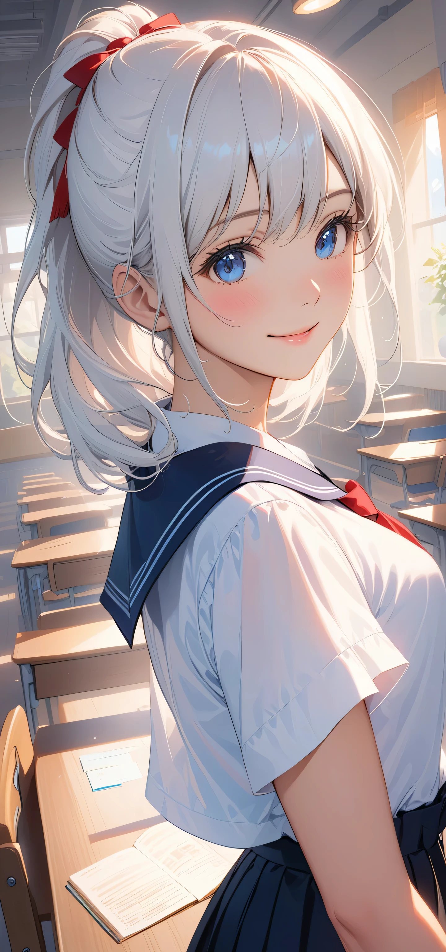 masterpiece, top quality, Super details, 8K, Detail lights, Detailed shadows, raw, (delicate skin), (real: 1.2),, 1 girl, white hair, short sleeve school uniform，Eye close-up，classroom，flat chest，Smile，Positive face，Face the screen