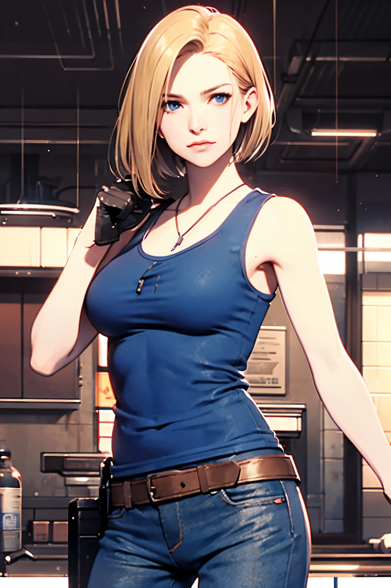 jill valentine, blonde, long hair, red tank top, wasteland