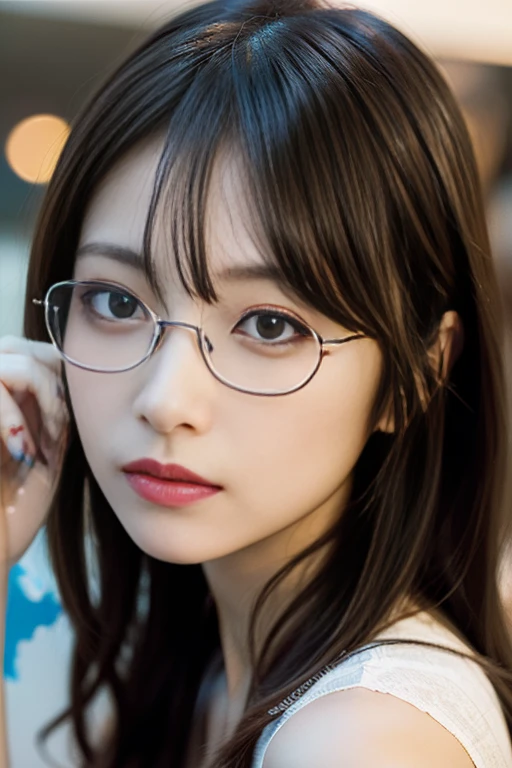(best quality, masterpiece),  indoors, glasses, paint splatter, shy, 1 girl, young girl, (goosebumps:0.7), beautiful face, (eyeliner, lipstick:0.9), 4k, 8k, uhd, hdr, detailed background, background