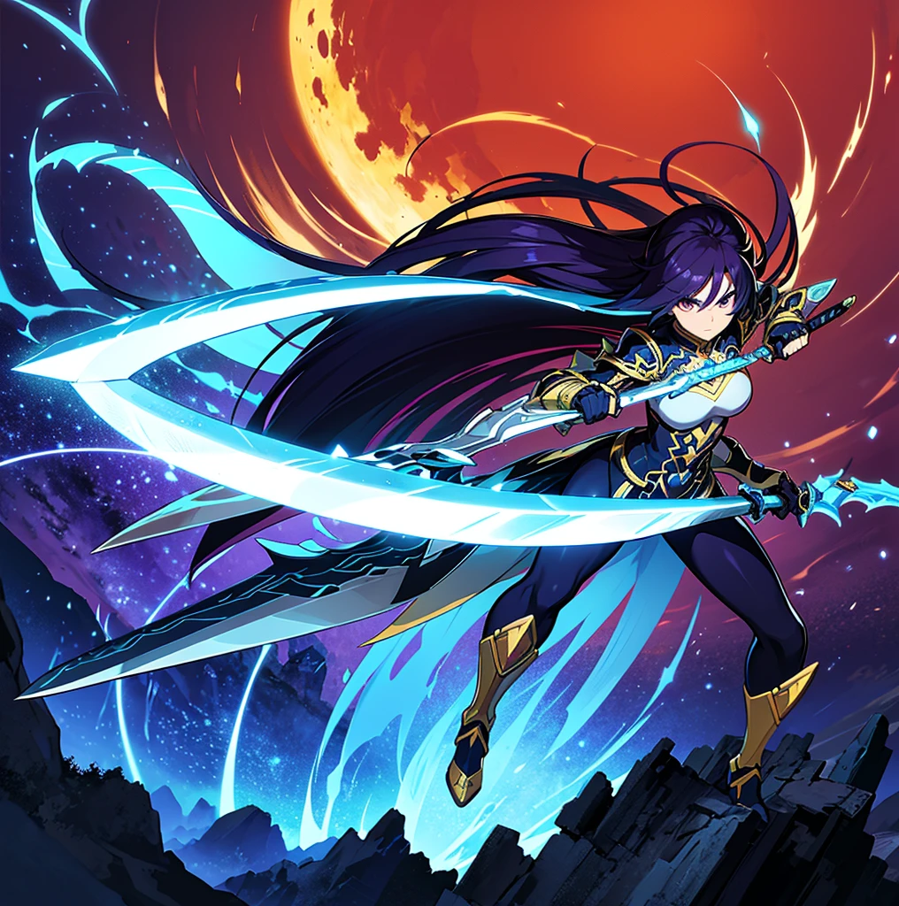 there is a cartoon image of a woman holding a sword, wielding a magical sword, brandishing powerful sword, brandishing cosmic weapon, dramatic wielding sword pose, [ digital art ]!!, brandishing futuristic sword, brandishing a powerful sword, magical sword, holographic blade!, digital art!!, dual wielding two magical swords, with large sword